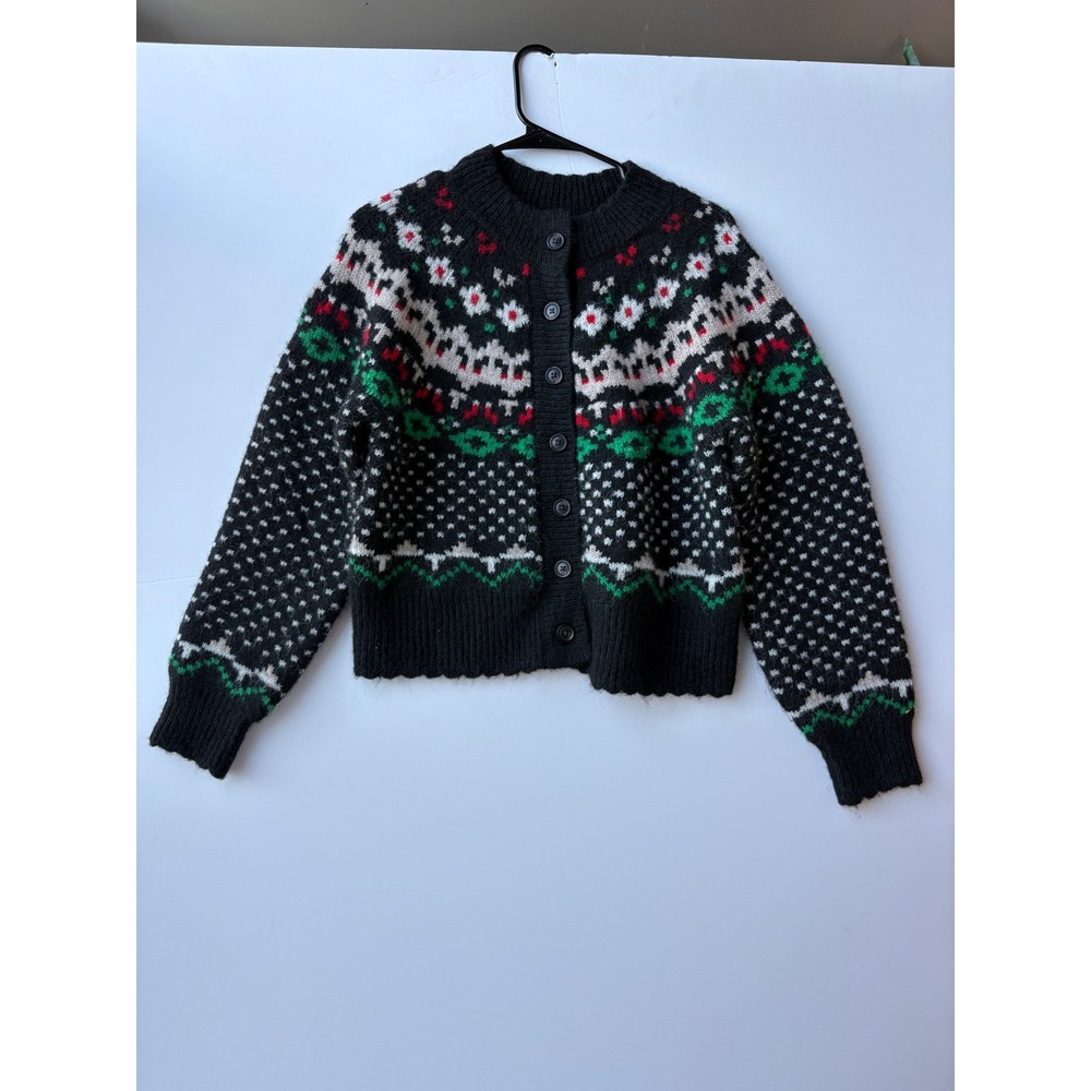 Universal Thread Fair Isle Cardigan Sweater Floral Knit Button Front Black Multi
